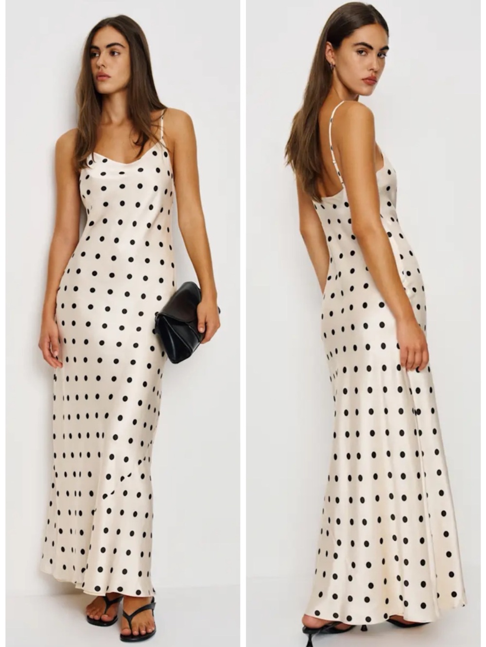 Reformation Cream Maxi Slip Dress with Black Polka Dots